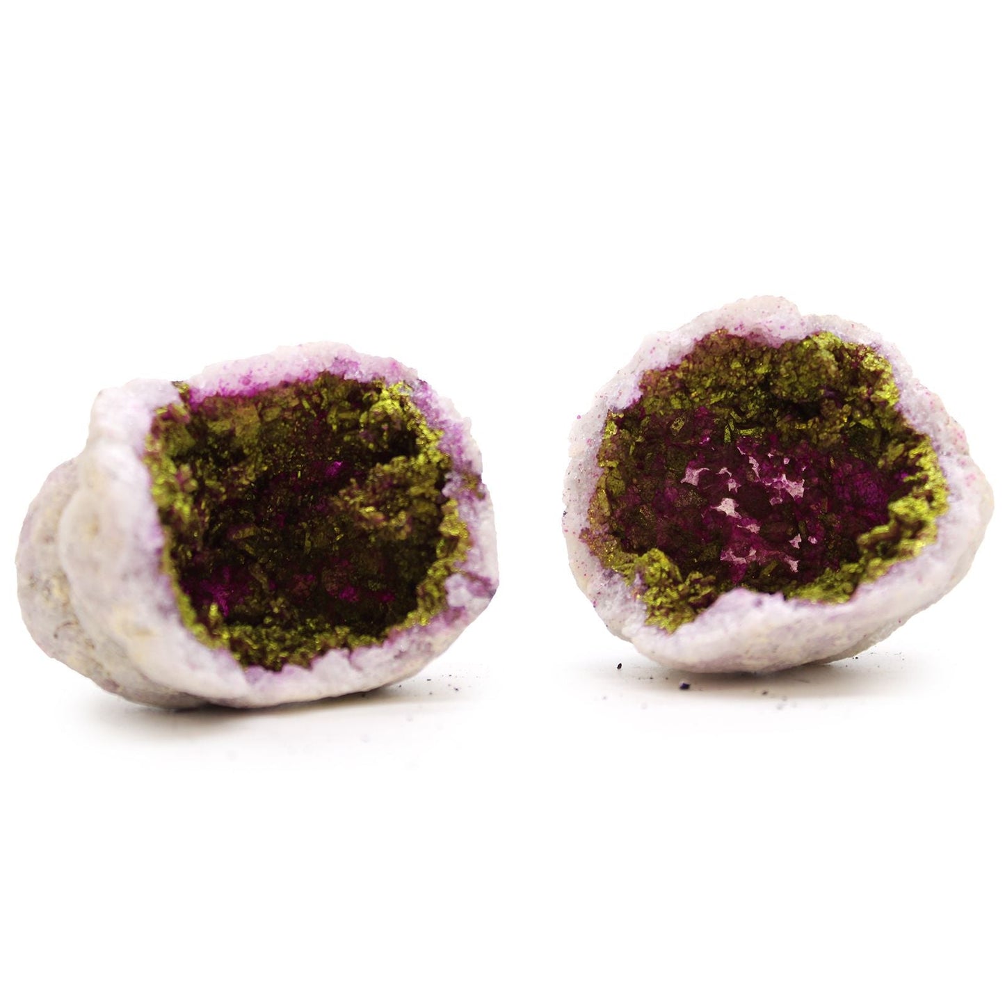 Pink & Gold Calcite Geode – 8.5x6 CM, two-piece calcite and selenite geode with pink rim and gold-green crystal interior