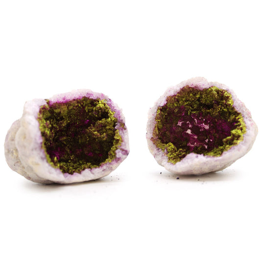 Pink & Gold Calcite Geode – 8.5x6 CM, two-piece calcite and selenite geode with pink rim and gold-green crystal interior