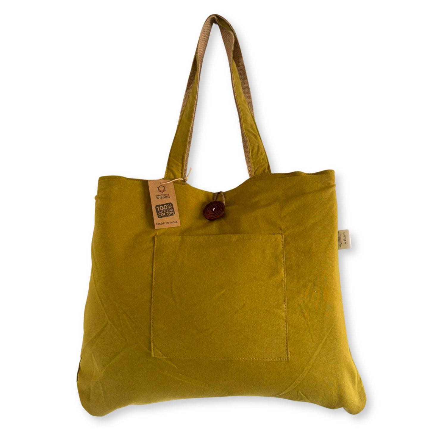 Pistachio Reversible Jute & Cotton Bag – 49x40 CM in pistachio green with shoulder straps, front pocket and button closure