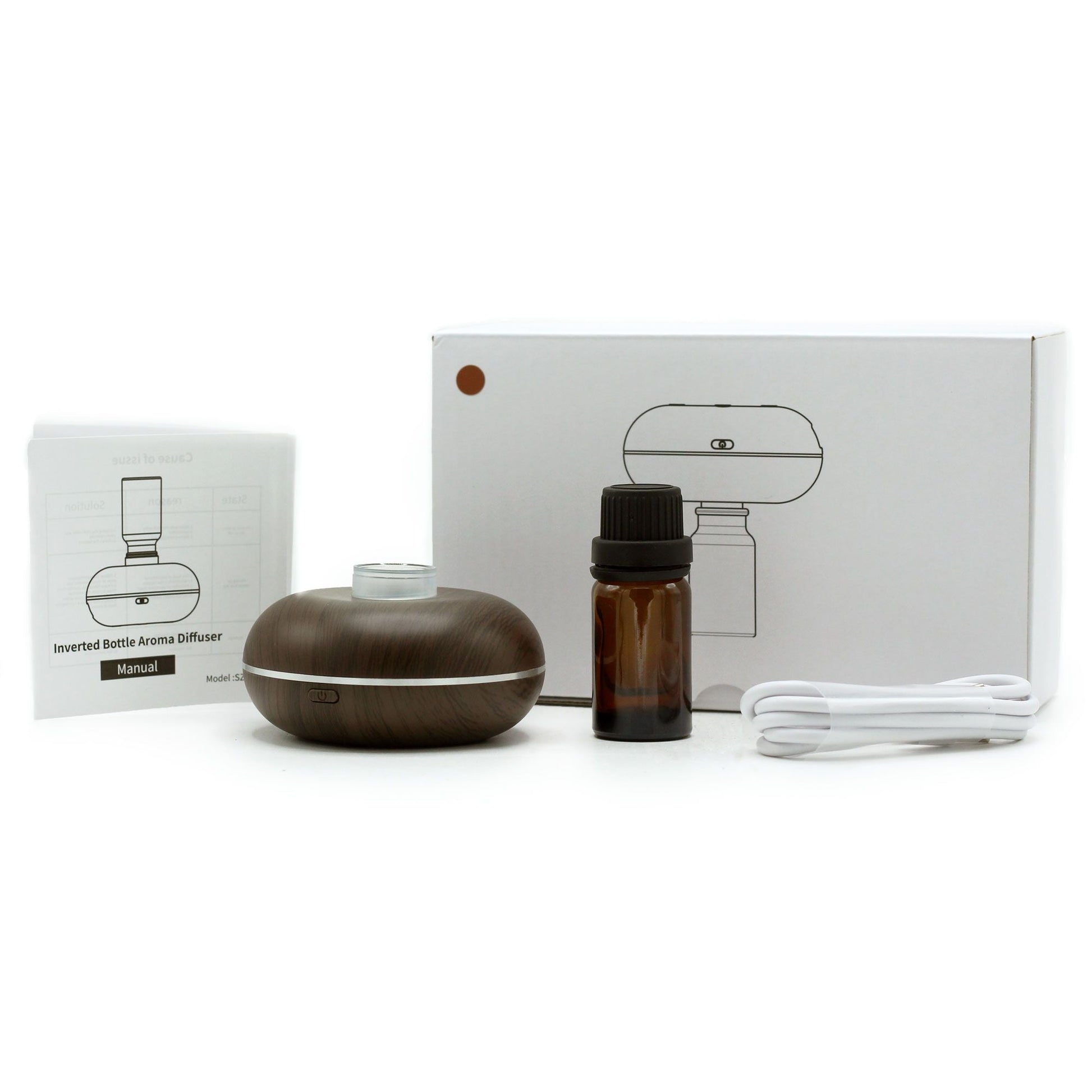 Alt Tag: Plastic Aroma Diffuser – USB-C Motion Sensor kit with diffuser, essential oil bottle, USB-C cable, manual, and box