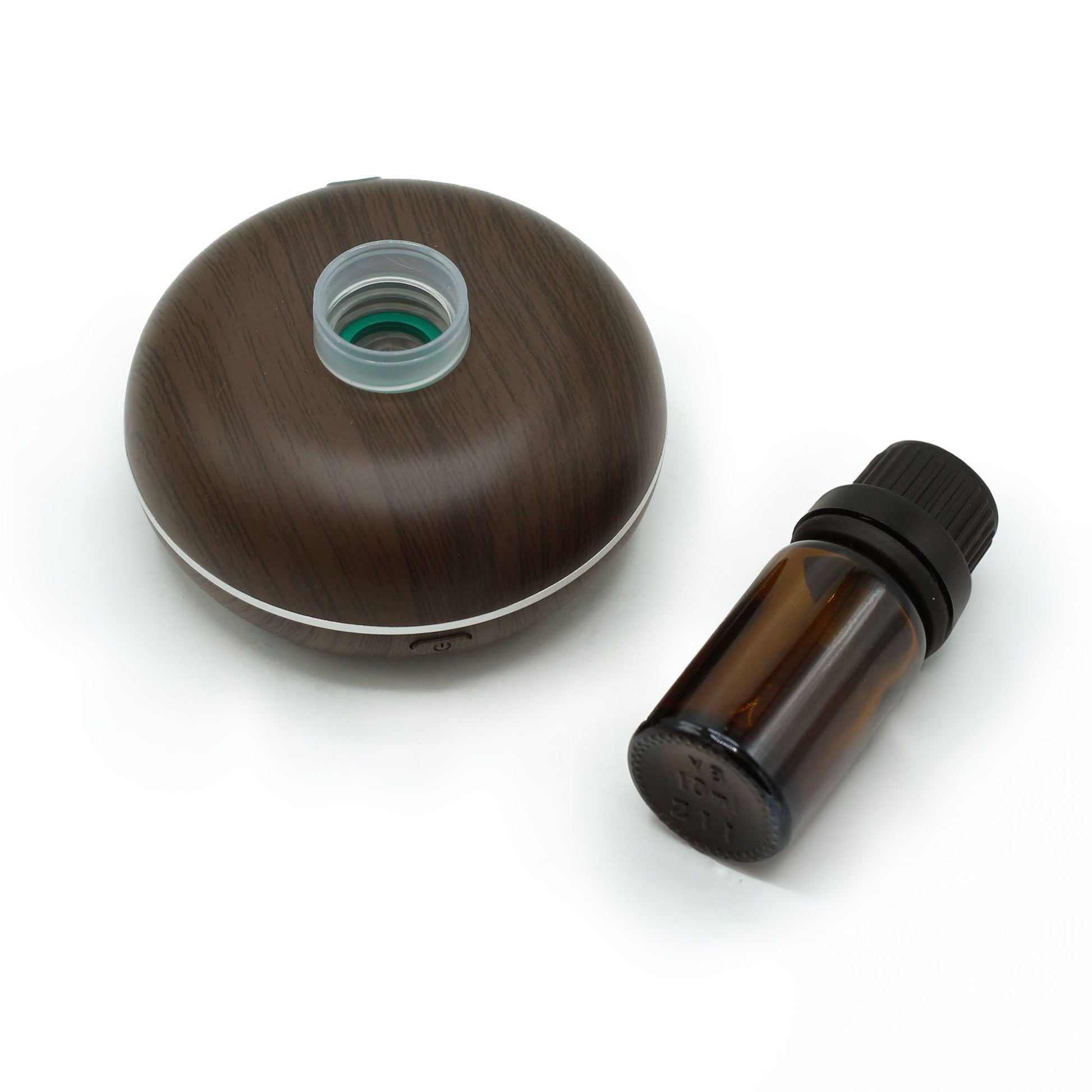 Alt Tag: Plastic Aroma Diffuser – USB-C Motion Sensor waterless diffuser with wood-look plastic base and essential oil bottle
