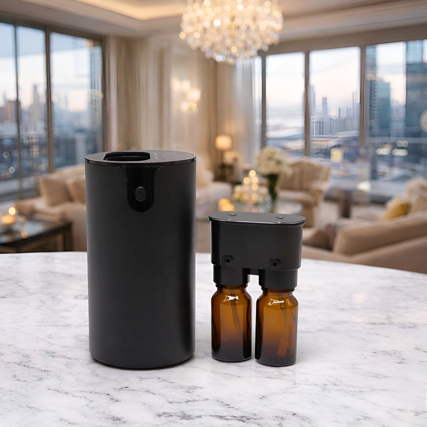 Plastic Essential Oil Nebulizer – USB-C portable plastic aroma diffuser with USB-C charging, shown with essential oil bottles in a living room