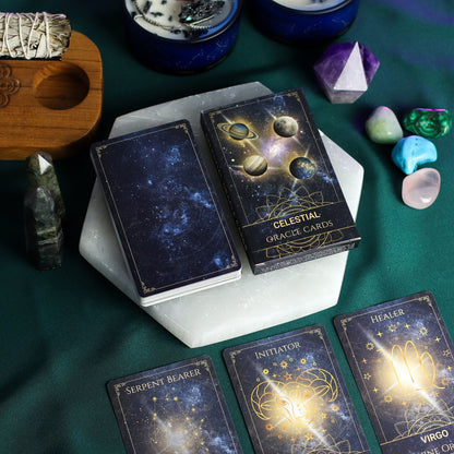 Plastic & Paper Oracle Cards – 12x7.5 CM Spiritual Deck with celestial design box and cards displayed on table with crystals