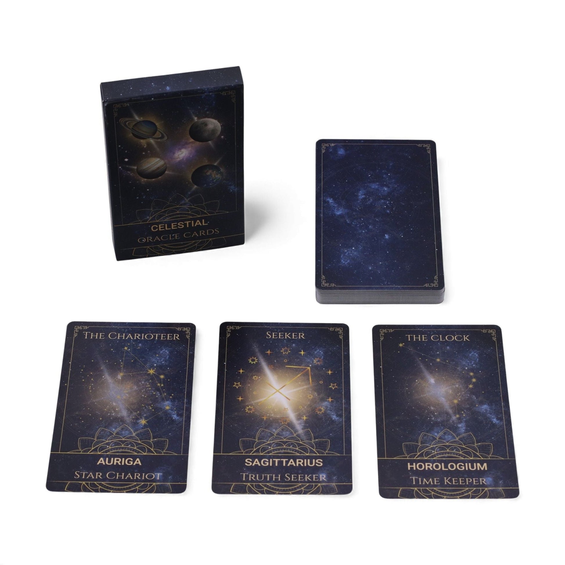 Plastic & Paper Oracle Cards – 12x7.5 CM Spiritual Deck, mazo estilo galaxia con caja y 3 cartas ilustradas sobre fondo blanco