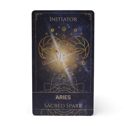 Alt Tag: Plastic & Paper Oracle Cards – 12x7.5 CM Spiritual Deck Aries Initiator card with gold ram illustration and cosmic star design