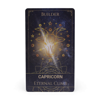 Plastic & Paper Oracle Cards – 12x7.5 CM Spiritual Deck tarot-style Capricorn card "Builder" with goat head and cosmic star design