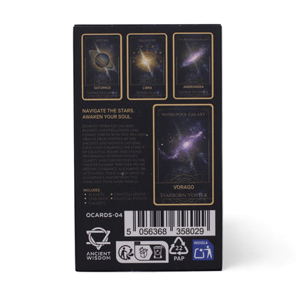 Plastic & Paper Oracle Cards – 12x7.5 CM Spiritual Deck, reverso de la caja con ilustraciones cósmicas y códigos de reciclaje