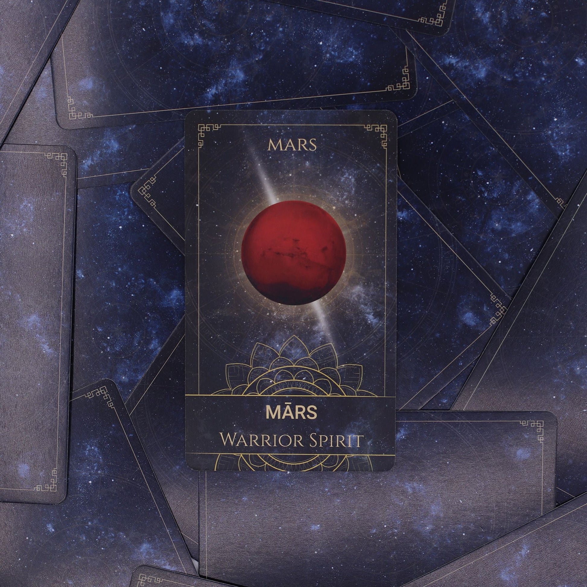 Plastic & Paper Oracle Cards – 12x7.5 CM Spiritual Deck carta oráculo “Mars” con planeta rojo, diseño cósmico y detalles dorados