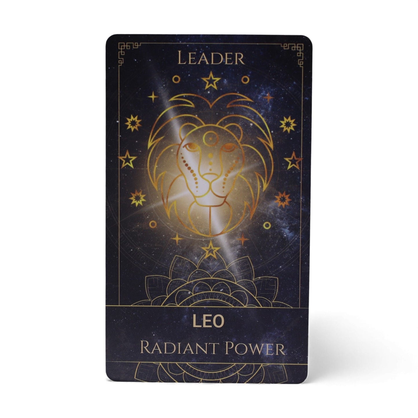 Plastic & Paper Oracle Cards – 12x7.5 CM Spiritual Deck Leo card with golden lion illustration, “Leader” and “Radiant Power” text