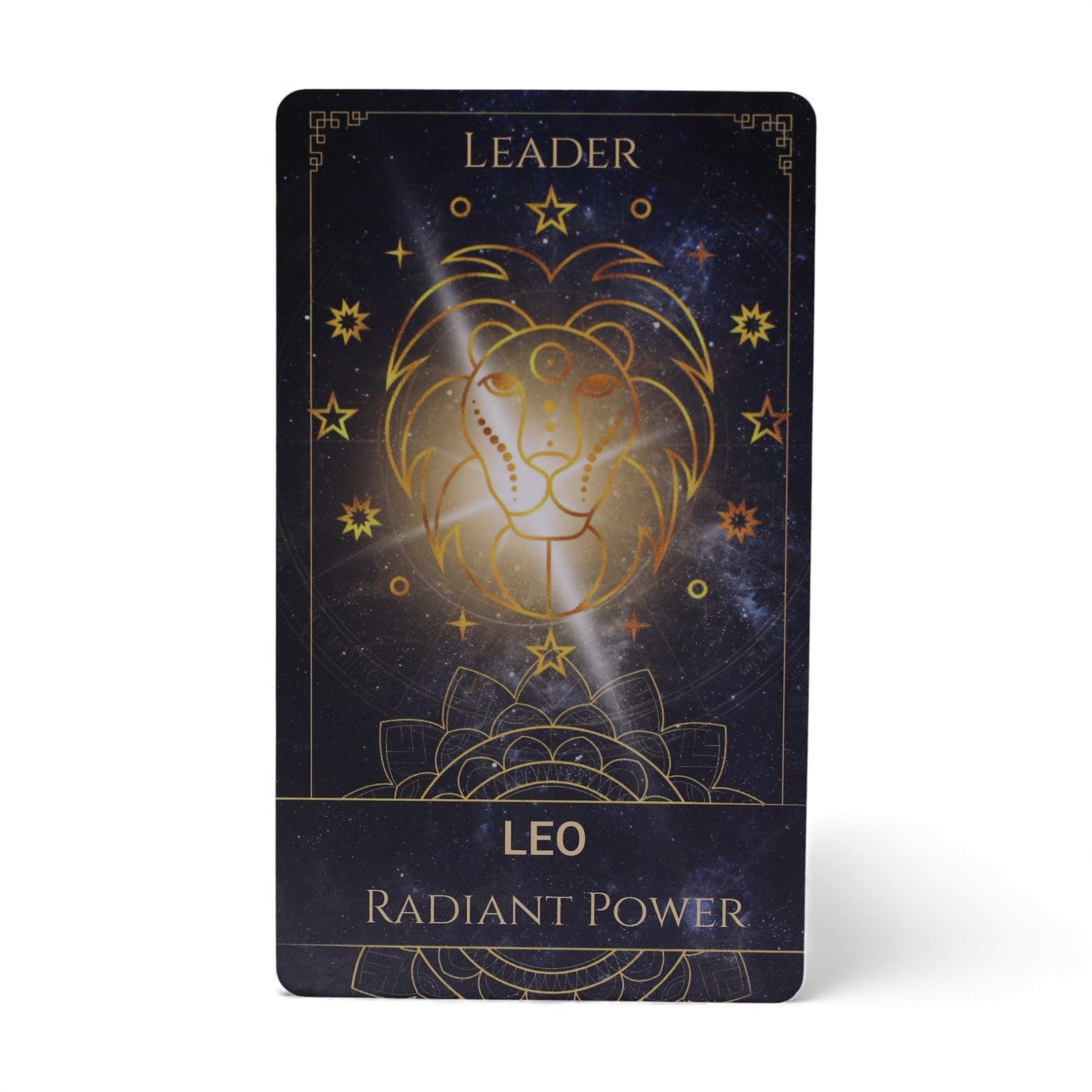 Plastic & Paper Oracle Cards – 12x7.5 CM Spiritual Deck Leo card with golden lion illustration, “Leader” and “Radiant Power” text