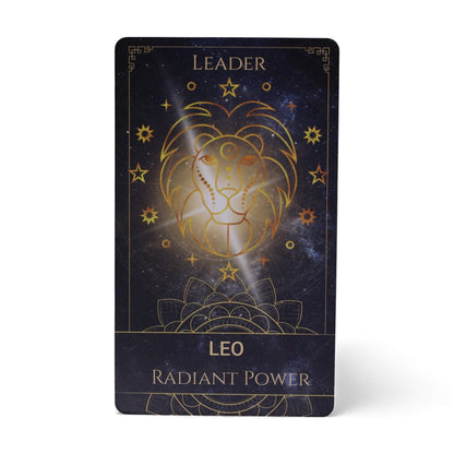 Plastic & Paper Oracle Cards – 12x7.5 CM Spiritual Deck Leo card with golden lion illustration, “Leader” and “Radiant Power” text
