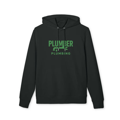 Alt Tag: Tu propio logo estampado en el frente para empresas y organizaciones Sudadera con capucha Premium Unisex negra con estampado del logo frontal de plomería en verde