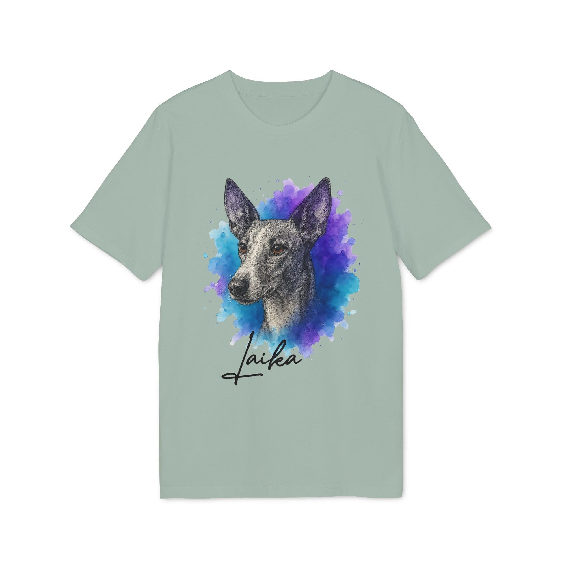 Podenco Andaluz Personalized Dog Sustainable Unisex Tee con retrato de perro estilo acuarela y nombre personalizado “Laika” en camiseta verde