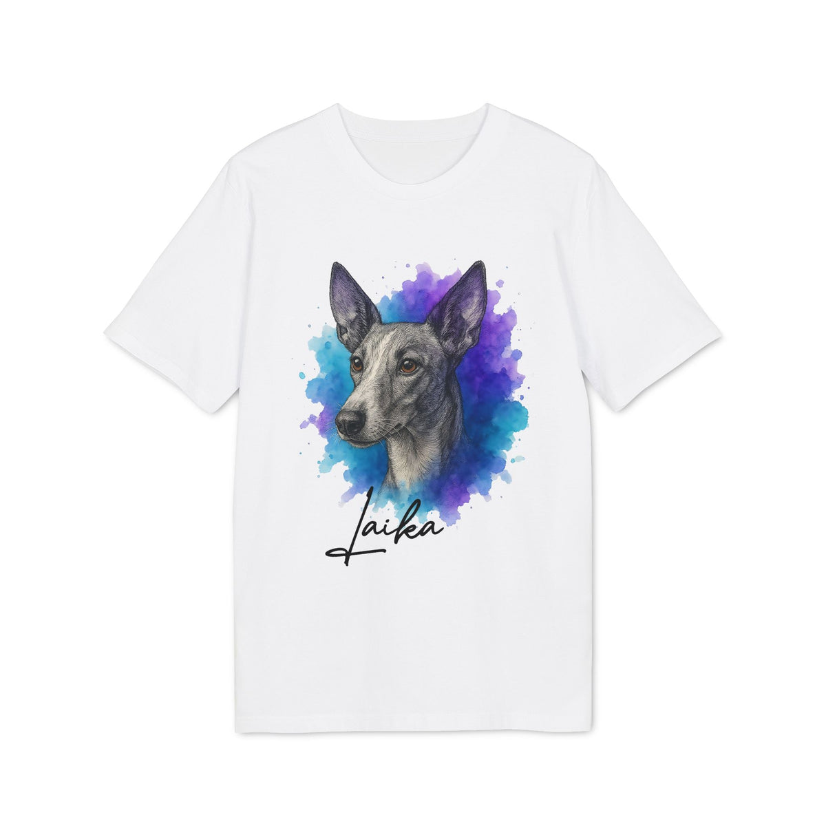Podenco Andaluz Personalized Dog Sustainable Unisex Tee white t-shirt with watercolor Podenco portrait and custom name 
