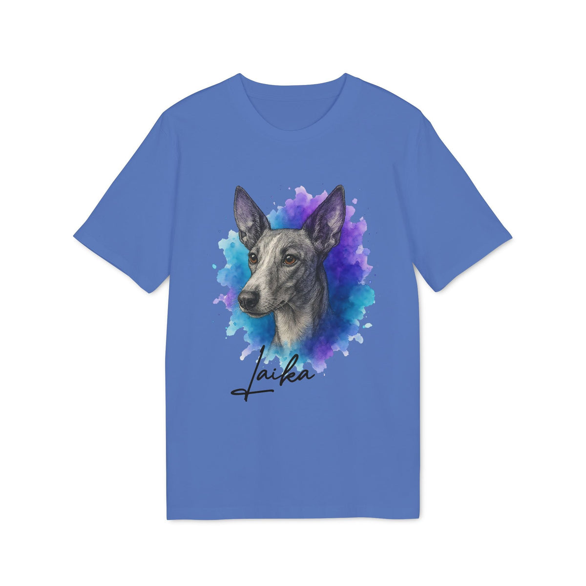 Alt Tag: Podenco Andaluz Personalized Dog Sustainable Unisex Tee, camiseta azul unisex con retrato de perro estilo acuarela y nombre personalizado 