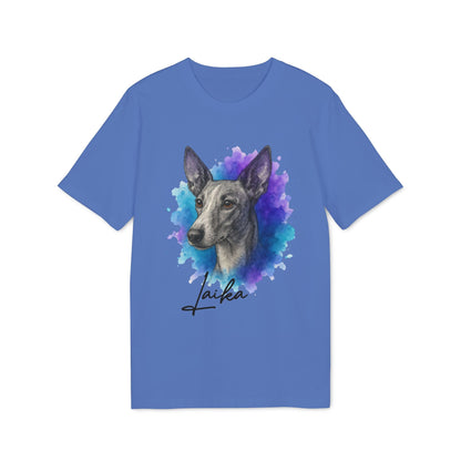 Alt Tag: Podenco Andaluz Personalized Dog Sustainable Unisex Tee, camiseta azul unisex con retrato de perro estilo acuarela y nombre personalizado "Laika"