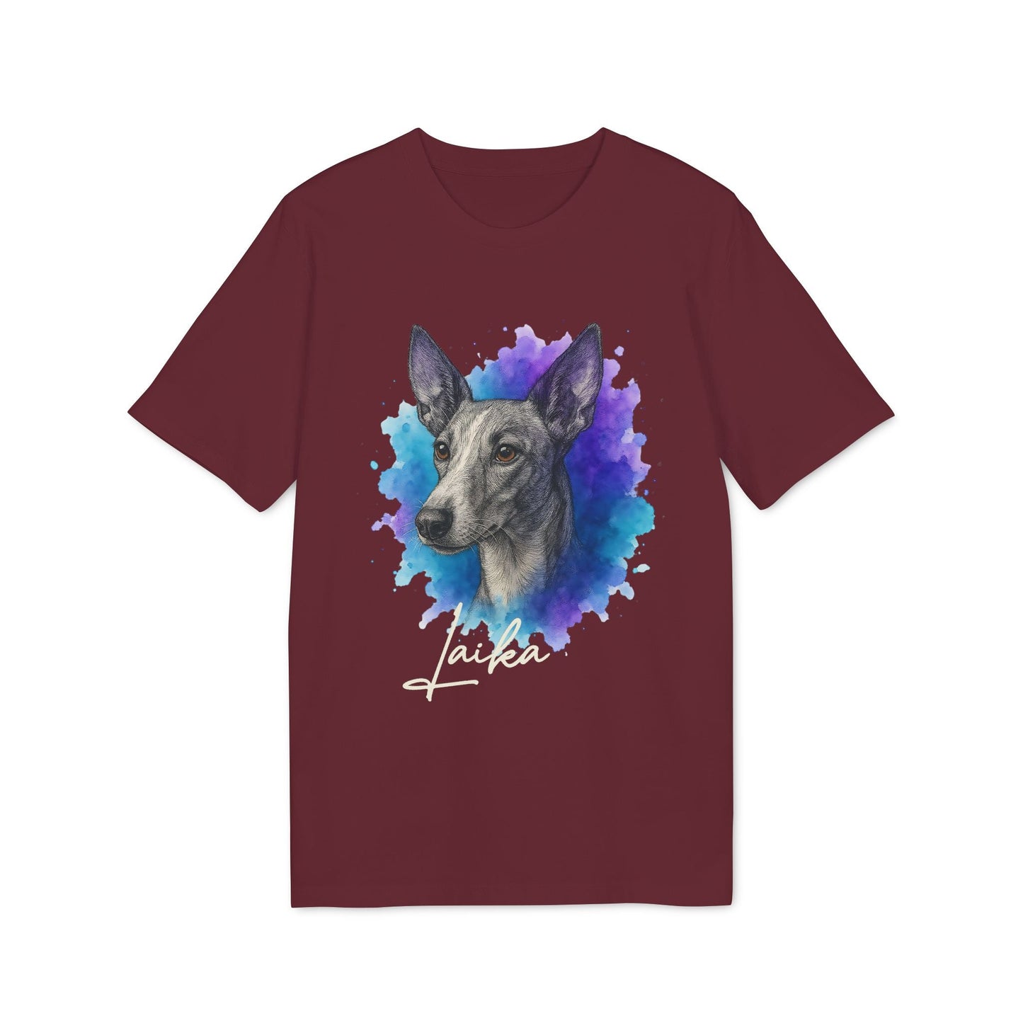 Alt Tag: Podenco Andaluz Personalized Dog Sustainable Unisex Tee, camiseta unisex sostenible burdeos con retrato de podenco andaluz y nombre personalizado