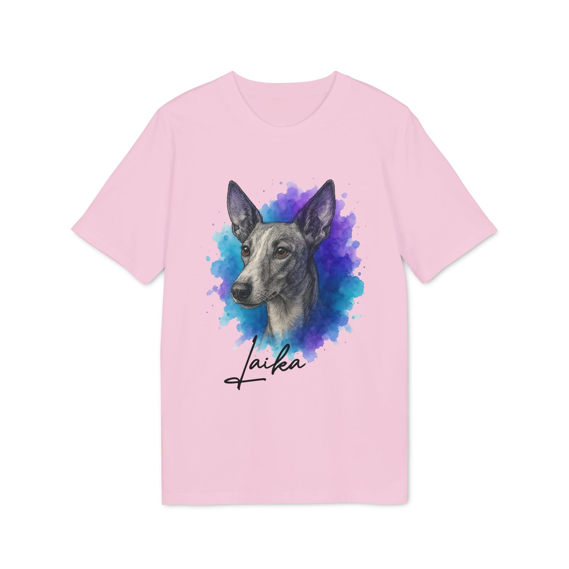 Alt Tag: Podenco Andaluz Personalized Dog Sustainable Unisex Tee camiseta unisex rosa con ilustración de perro y nombre "Laika"