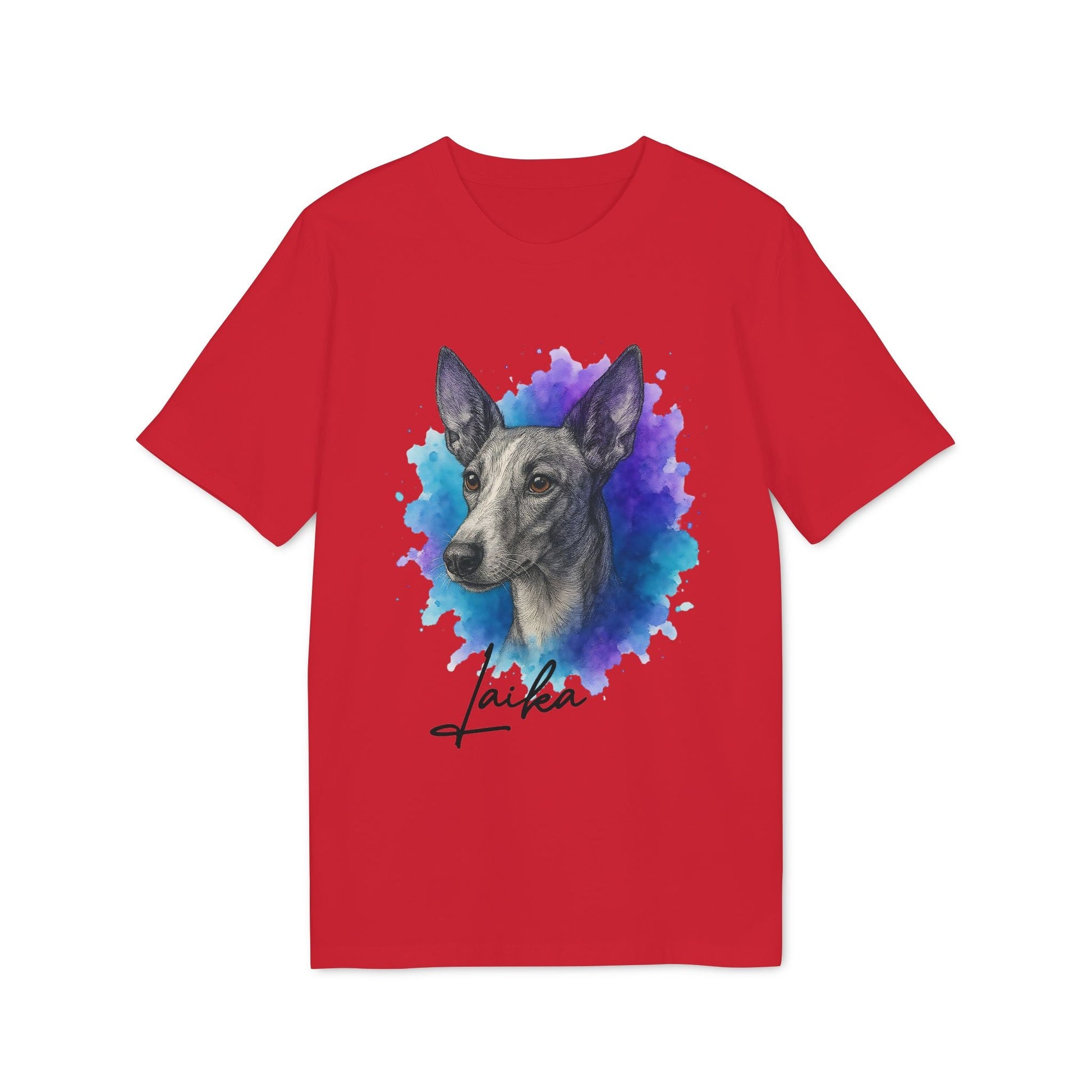 Podenco Andaluz Personalized Dog Sustainable Unisex Tee red t-shirt with watercolor Podenco portrait and custom name print