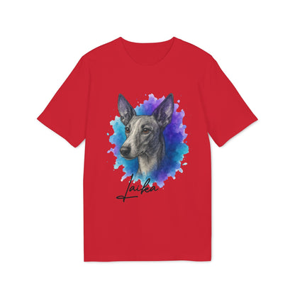 Podenco Andaluz Personalized Dog Sustainable Unisex Tee red t-shirt with watercolor Podenco portrait and custom name print