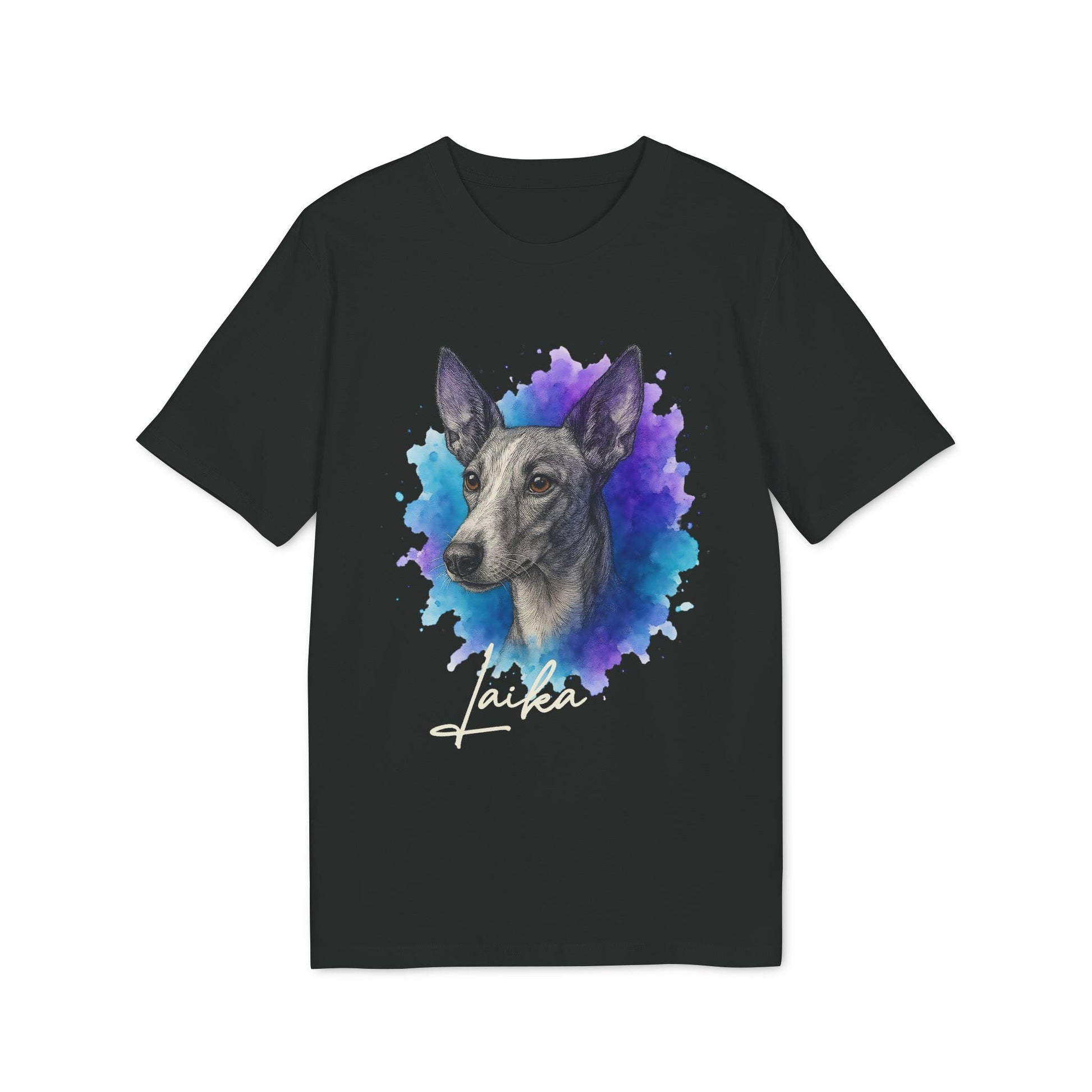 Alt Tag: Podenco Andaluz Personalized Dog Sustainable Unisex Tee black t-shirt with watercolor Podenco portrait and personalized name "Laika"