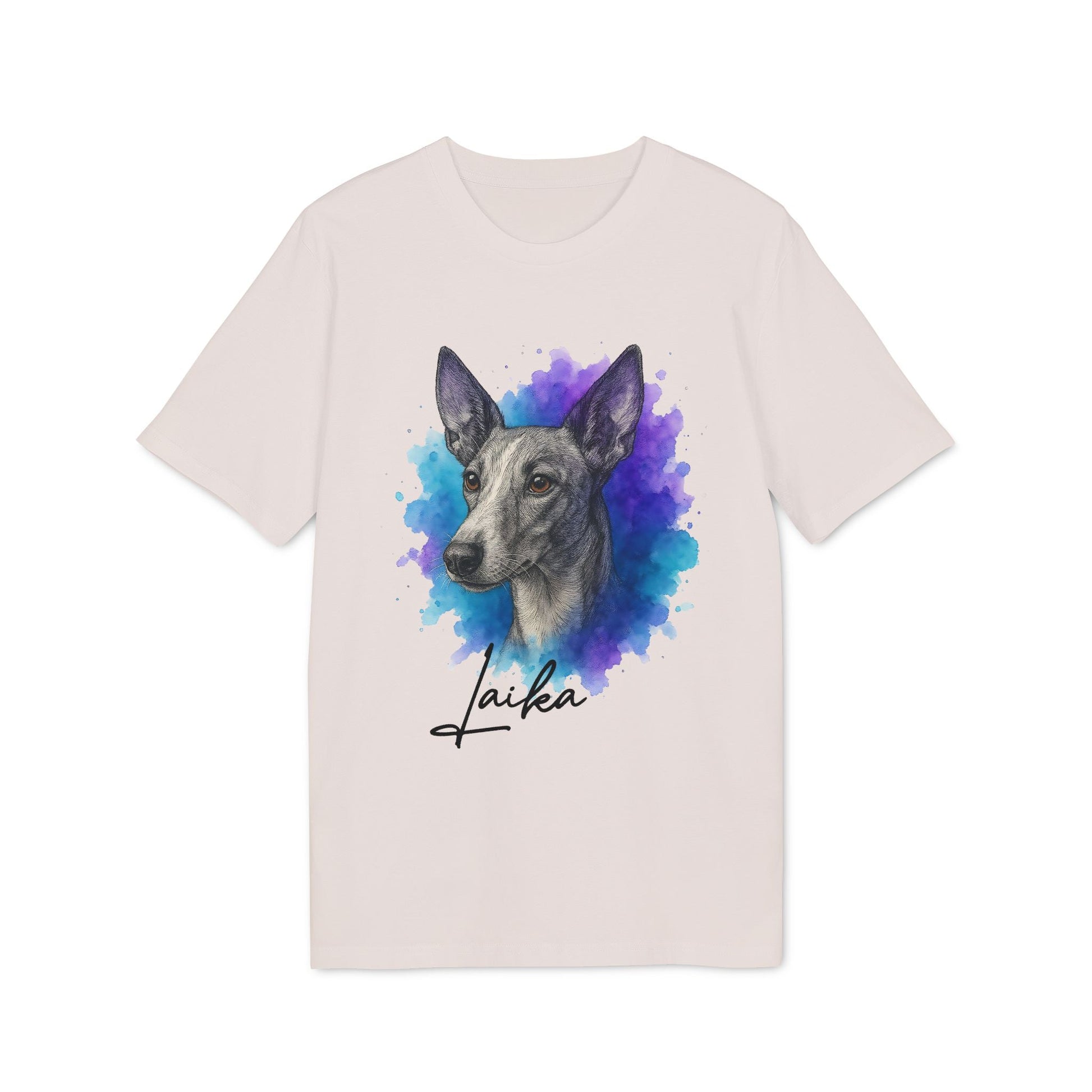 Podenco Andaluz Personalized Dog Sustainable Unisex Tee con ilustración de podenco y nombre personalizado, camiseta unisex color beige
