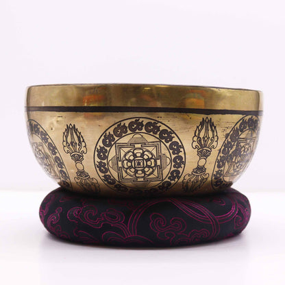 Polyester Hoop Cushion – Passar 20–24CM Singing Bowls, svart och röd broderad ringkudde som stödjer en mässings-singing bowl