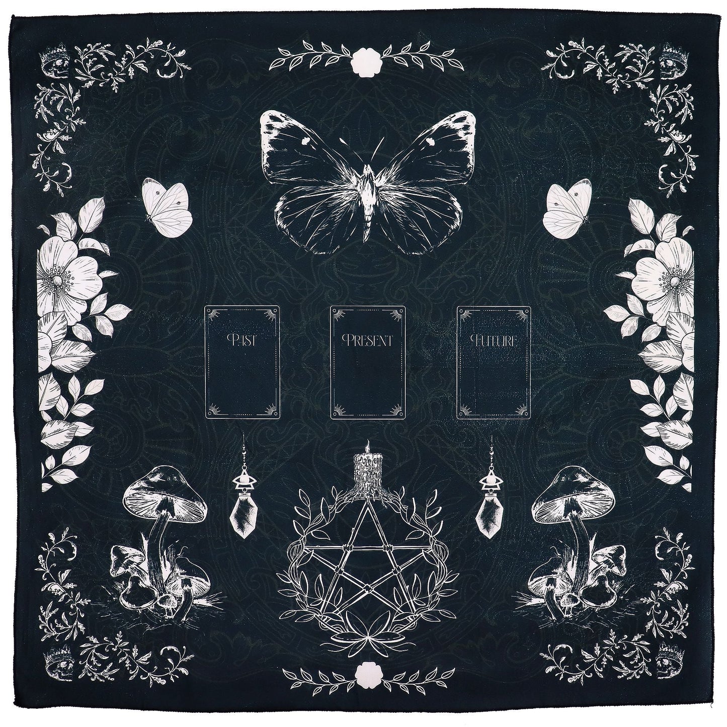 Paño de lectura de tarot de poliéster – 75x75 CM con mariposa y patrón místico, diseño de tarot negro con flores, cartas y pentagrama