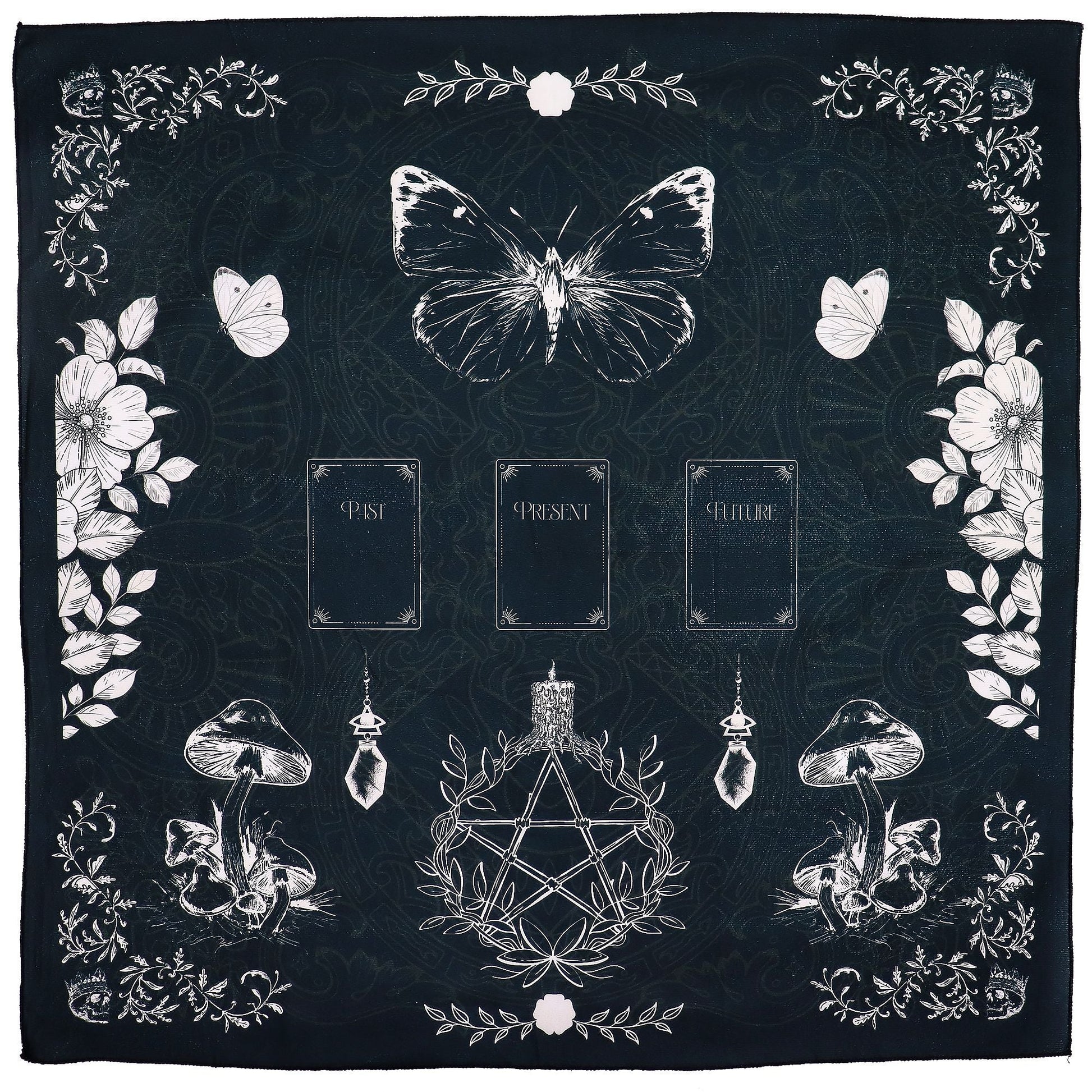Paño de lectura de tarot de poliéster – 75x75 CM con mariposa y patrón místico, diseño de tarot negro con flores, cartas y pentagrama