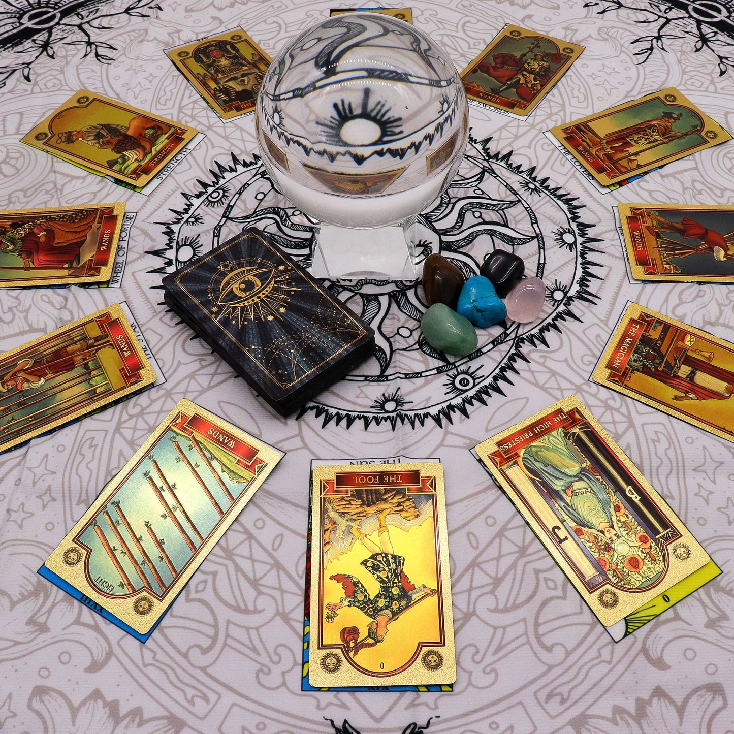 Alt Tag: Polyester Tree of Life Tarot Cloth – 75x75 CM with tarot card spread, crystal ball, and gemstones on printed polyester reading mat