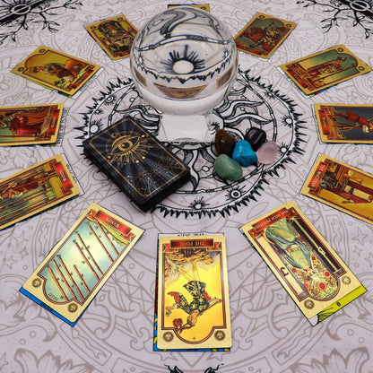 Alt Tag: Polyester Tree of Life Tarot Cloth – 75x75 CM with tarot card spread, crystal ball, and gemstones on printed polyester reading mat