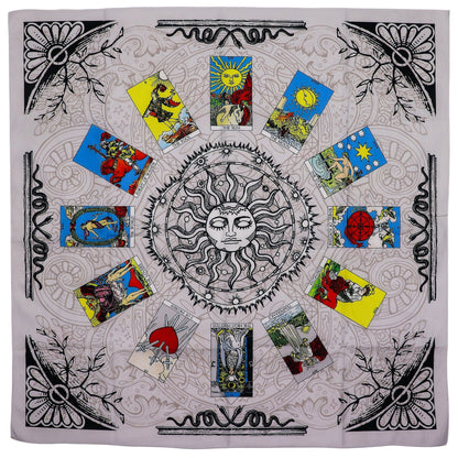 Polyester Tree of Life Tarot Cloth – 75x75 CM con diseño de sol central y cartas de tarot alrededor, paño cuadrado gris de poliéster