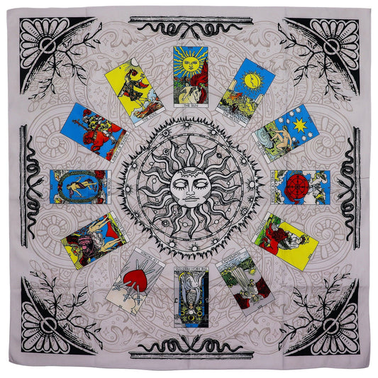 Polyester Tree of Life Tarot Cloth – 75x75 CM con diseño de sol central y cartas de tarot alrededor, paño cuadrado gris de poliéster