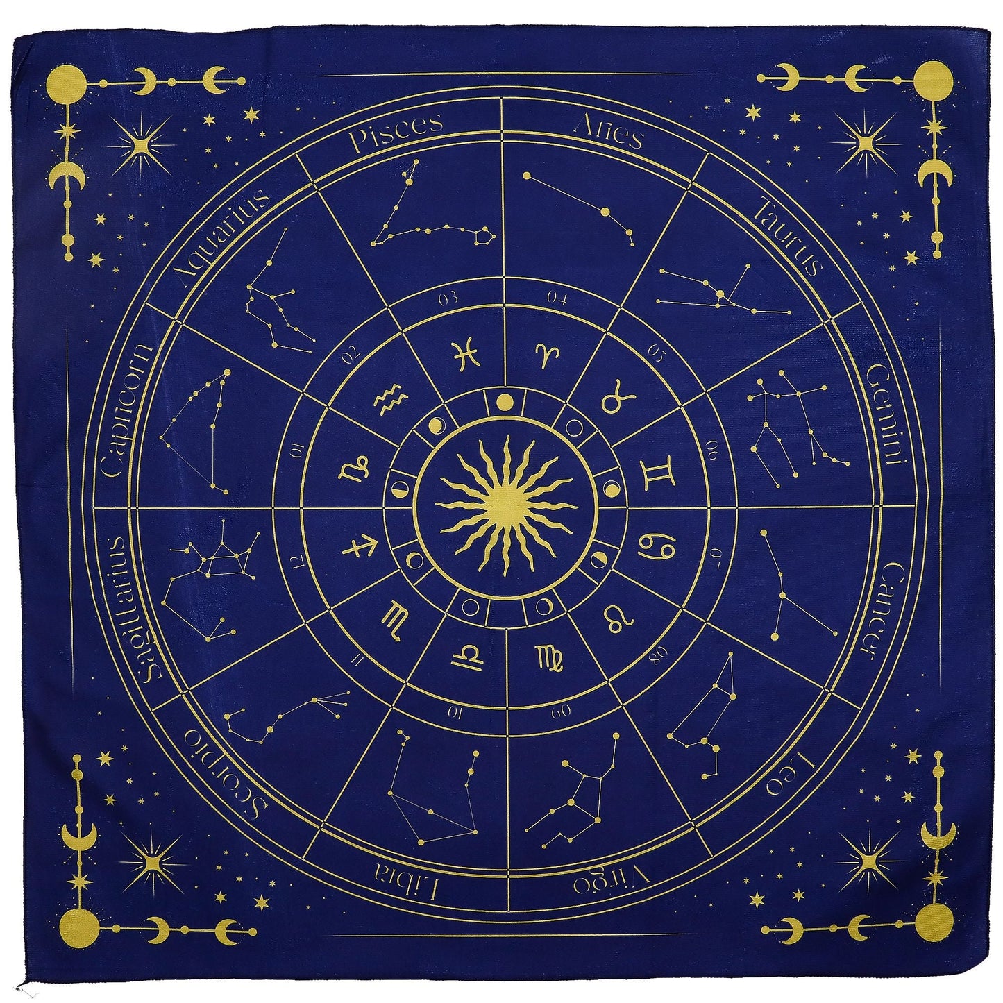 Alt-Tag: Polyester-Zodiac Tarot Reading Cloth – 75x75 CM, blaues Polyester-Tuch mit goldenem Tierkreisrad und Sternbildern