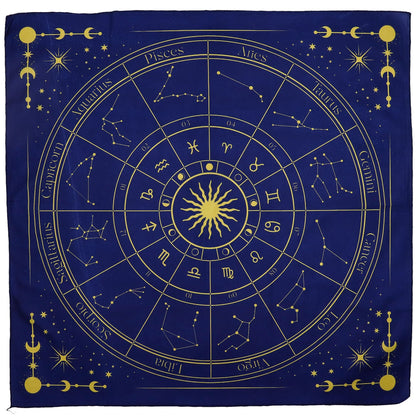 Alt-Tag: Polyester-Zodiac Tarot Reading Cloth – 75x75 CM, blaues Polyester-Tuch mit goldenem Tierkreisrad und Sternbildern