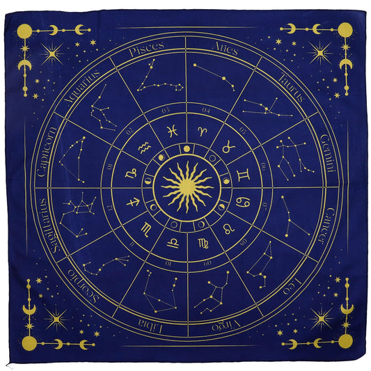 Alt-Tag: Polyester-Zodiac Tarot Reading Cloth – 75x75 CM, blaues Polyester-Tuch mit goldenem Tierkreisrad und Sternbildern