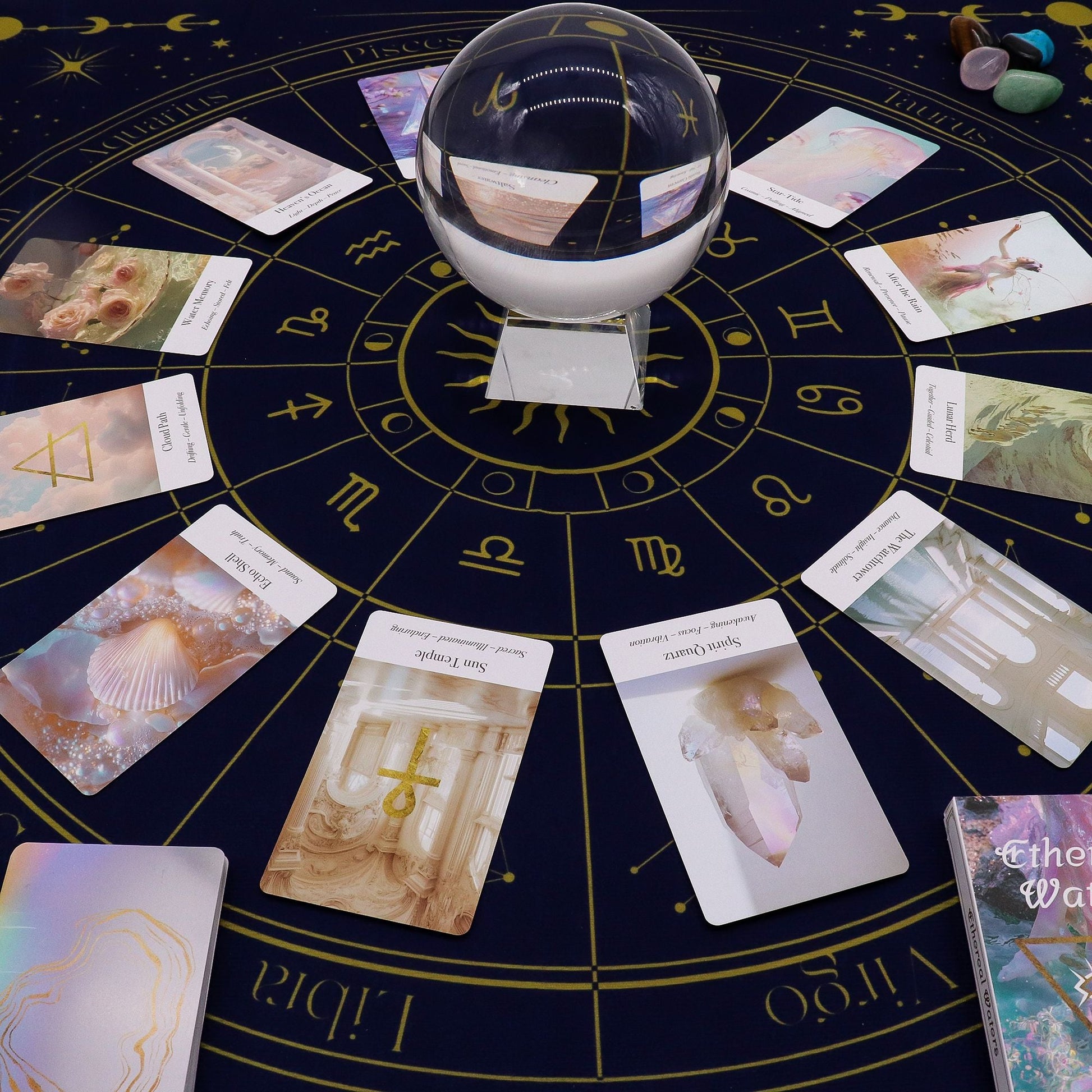 Alt-Tag: Polyester-Zodiac-Tarot-Lesetuch – 75x75 CM mit Tierkreisrad-Design, Tarotkarten und Kristallkugel-Arrangement für Tarot- oder Orakel-Lesungen