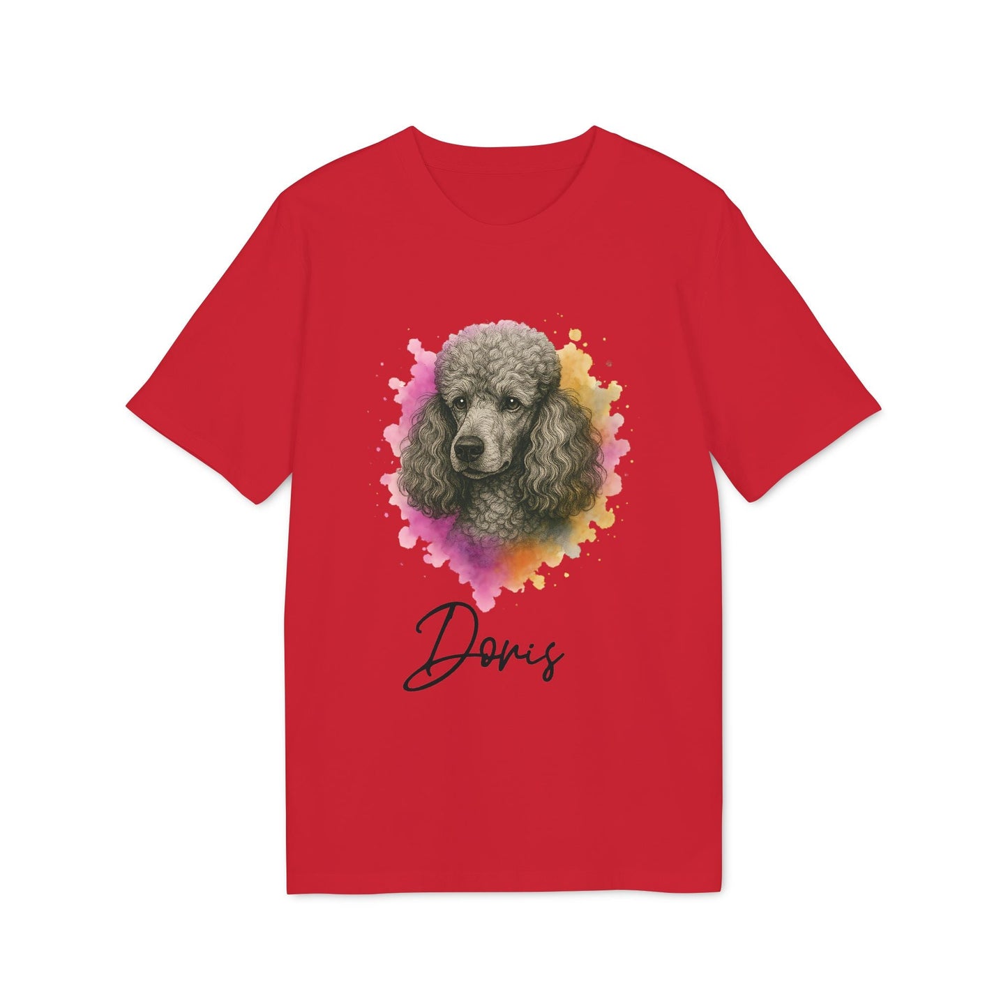 Alt Tag: Poodle Dog Personalized Sustainable Unisex Tee in red with poodle portrait graphic and custom name "Davis"