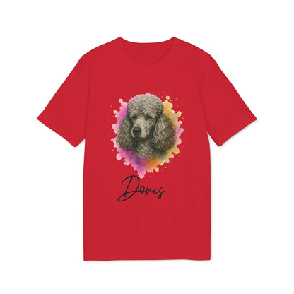Alt Tag: Poodle Dog Personalized Sustainable Unisex Tee in red with poodle portrait graphic and custom name "Davis"