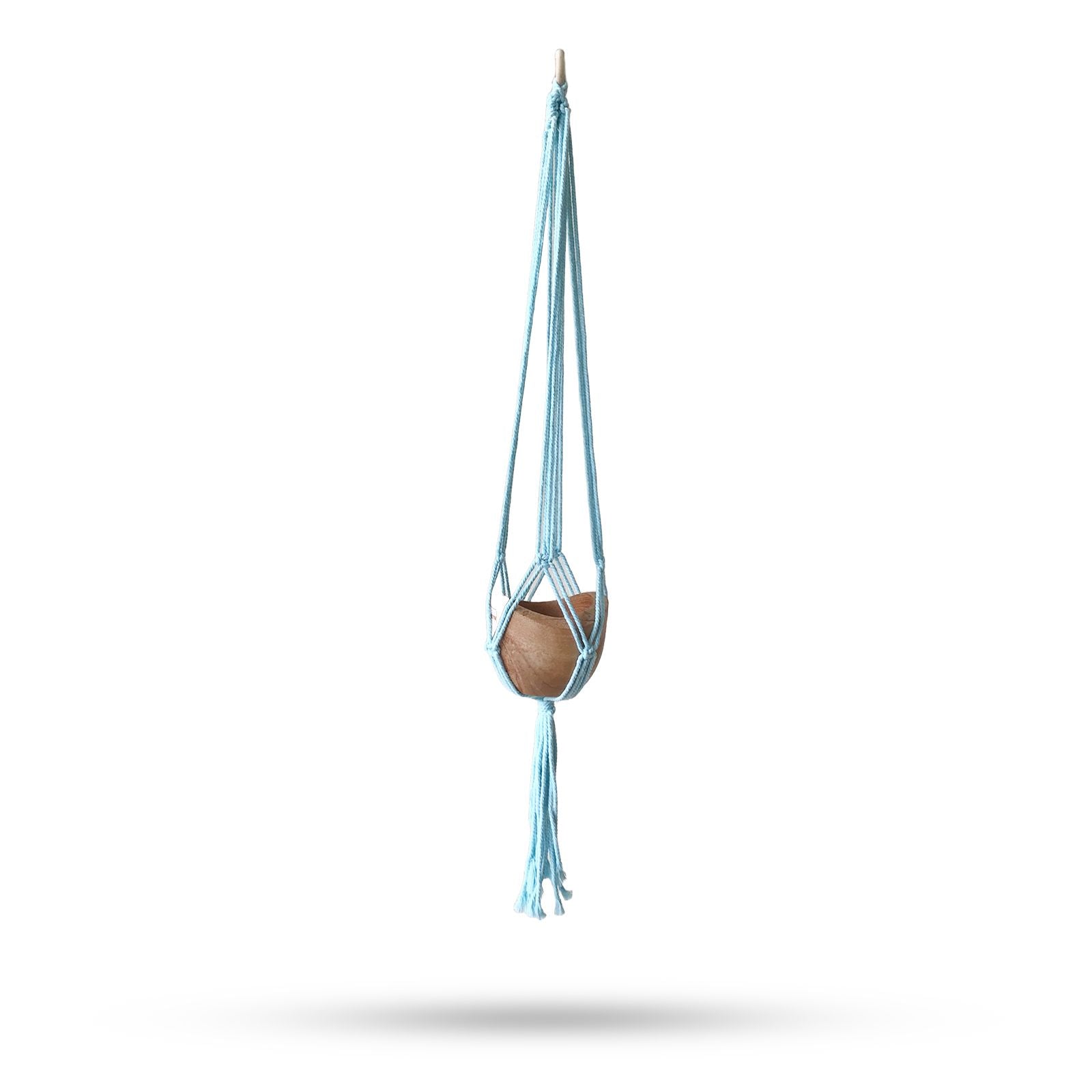 Alt Tag: Powder Blue Macrame Pot Holder – Medium hanging cotton plant holder with wooden pot on white background