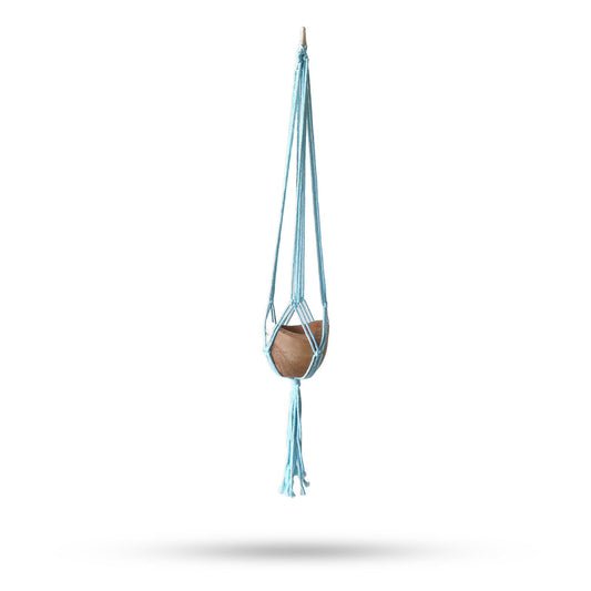 Alt Tag: Powder Blue Macrame Pot Holder – Medium hanging cotton plant holder with wooden pot on white background