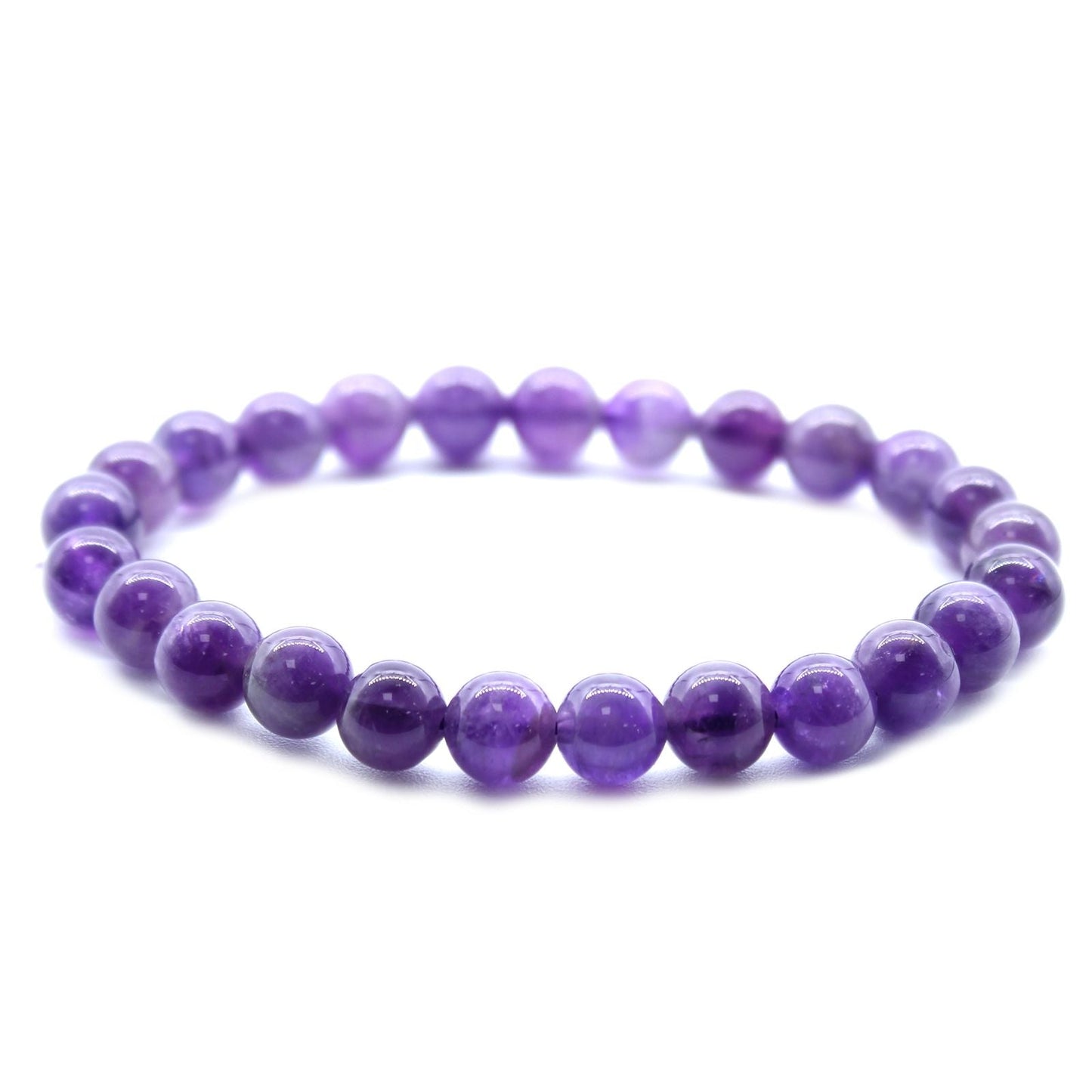 Alt Tag: Power Bracelet – Amethyst pulsera elástica artesanal de cuentas redondas de amatista natural morada sobre fondo blanco