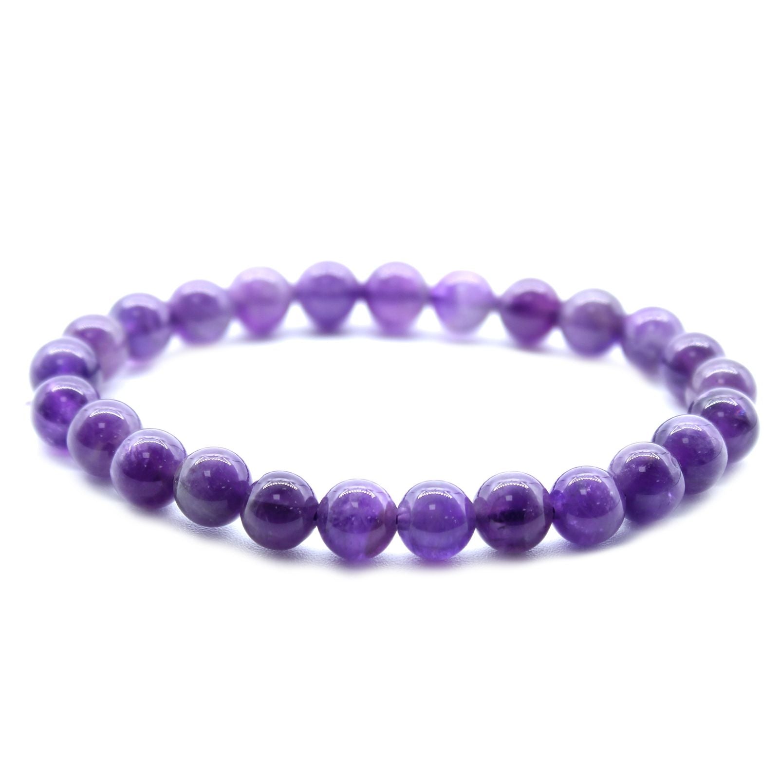 Alt Tag: Power Bracelet – Amethyst pulsera elástica artesanal de cuentas redondas de amatista natural morada sobre fondo blanco