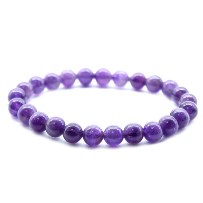 Alt Tag: Power Bracelet – Amethyst pulsera elástica artesanal de cuentas redondas de amatista natural morada sobre fondo blanco