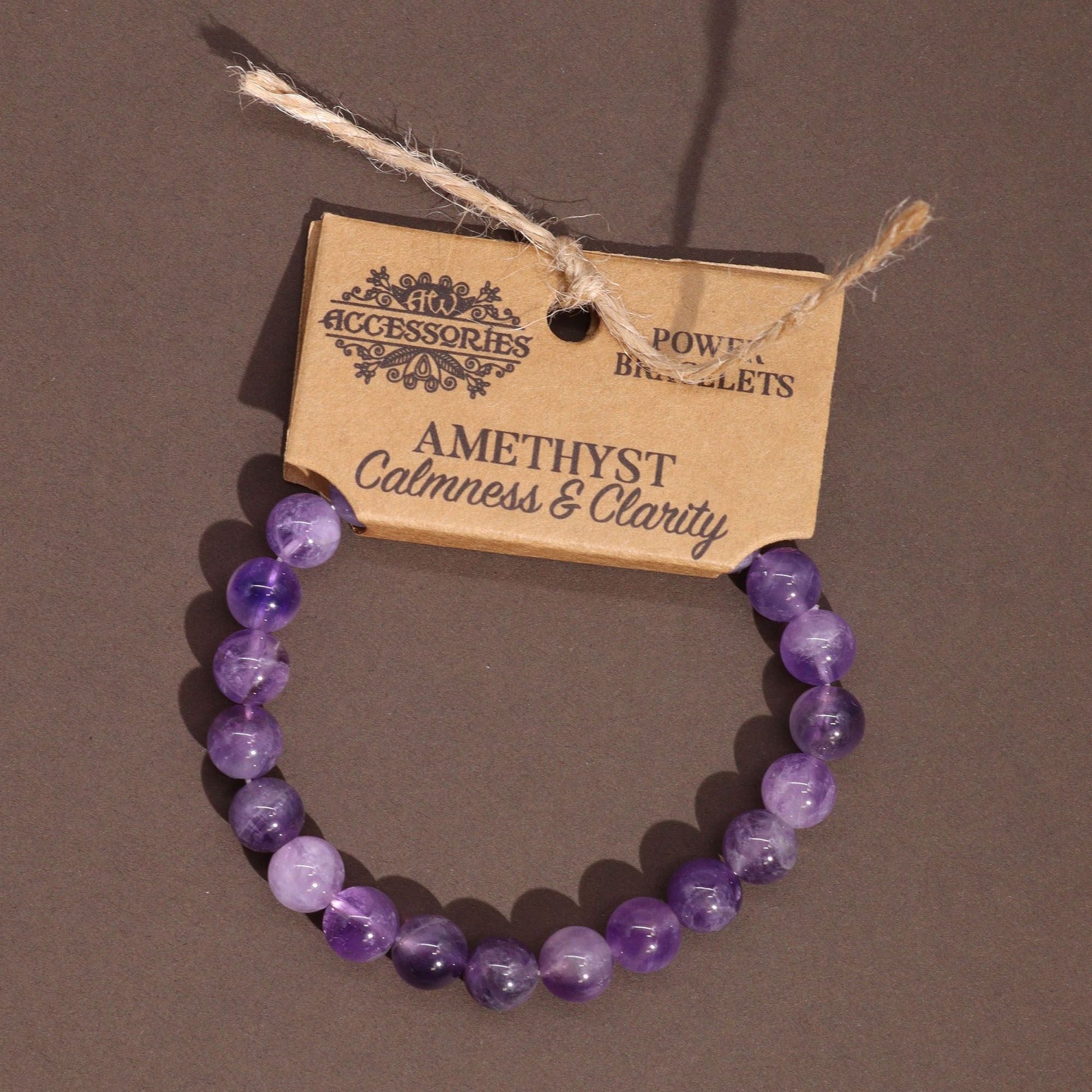Alt Tag: Power Bracelet – Amethyst pulsera de cuentas de amatista natural morada con etiqueta de accesorio
