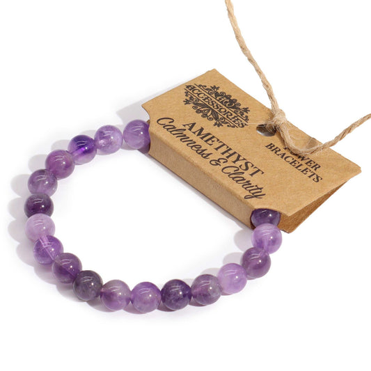 Power Bracelet – Amethyst pulsera artesanal de cuentas de amatista morada con etiqueta, joyería de piedra natural
