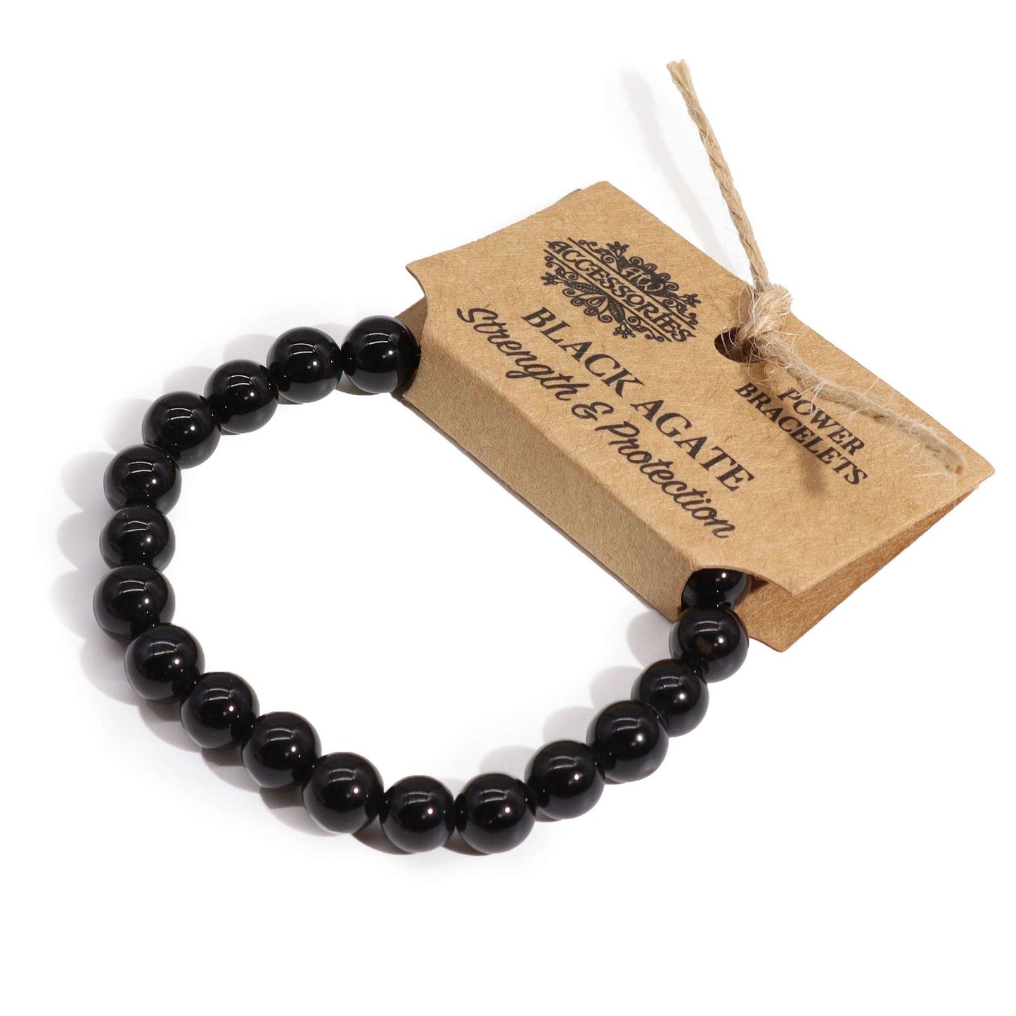 Power Bracelet – Black Agate handcrafted black agate bead bracelet with gift tag, polished round beads, black gemstone stretch bracelet