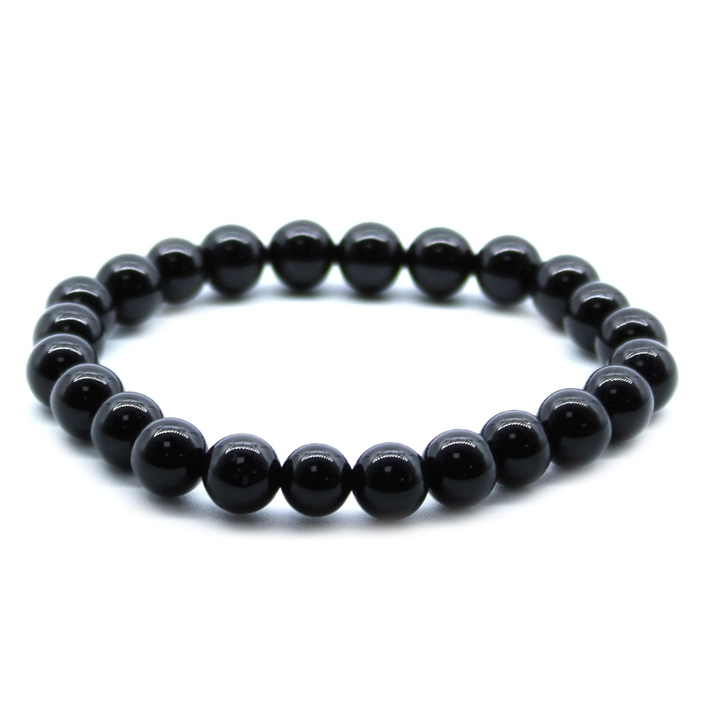 Alt Tag: Power Bracelet – Black Agate pulsera elástica artesanal de cuentas redondas de ágata negra pulida, vista frontal sobre fondo blanco