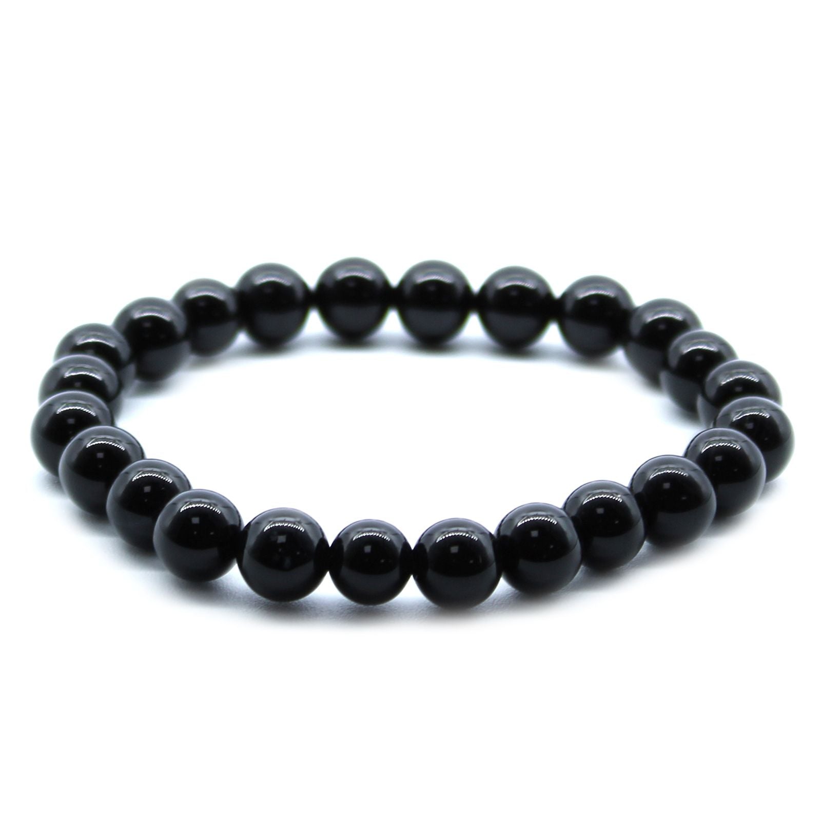 Alt Tag: Power Bracelet – Black Agate pulsera elástica artesanal de cuentas redondas de ágata negra pulida, vista frontal sobre fondo blanco