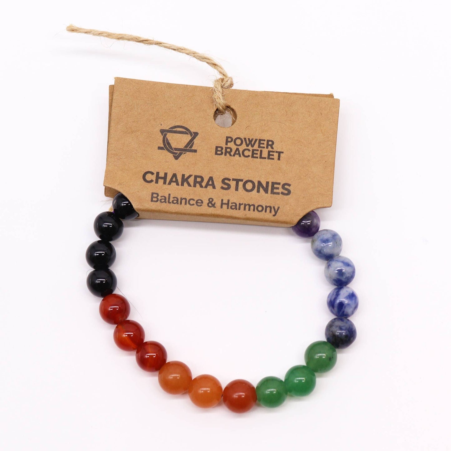 Power Bracelet – Chakra Stones bracelet with seven natural gemstone beads and product tag on white background